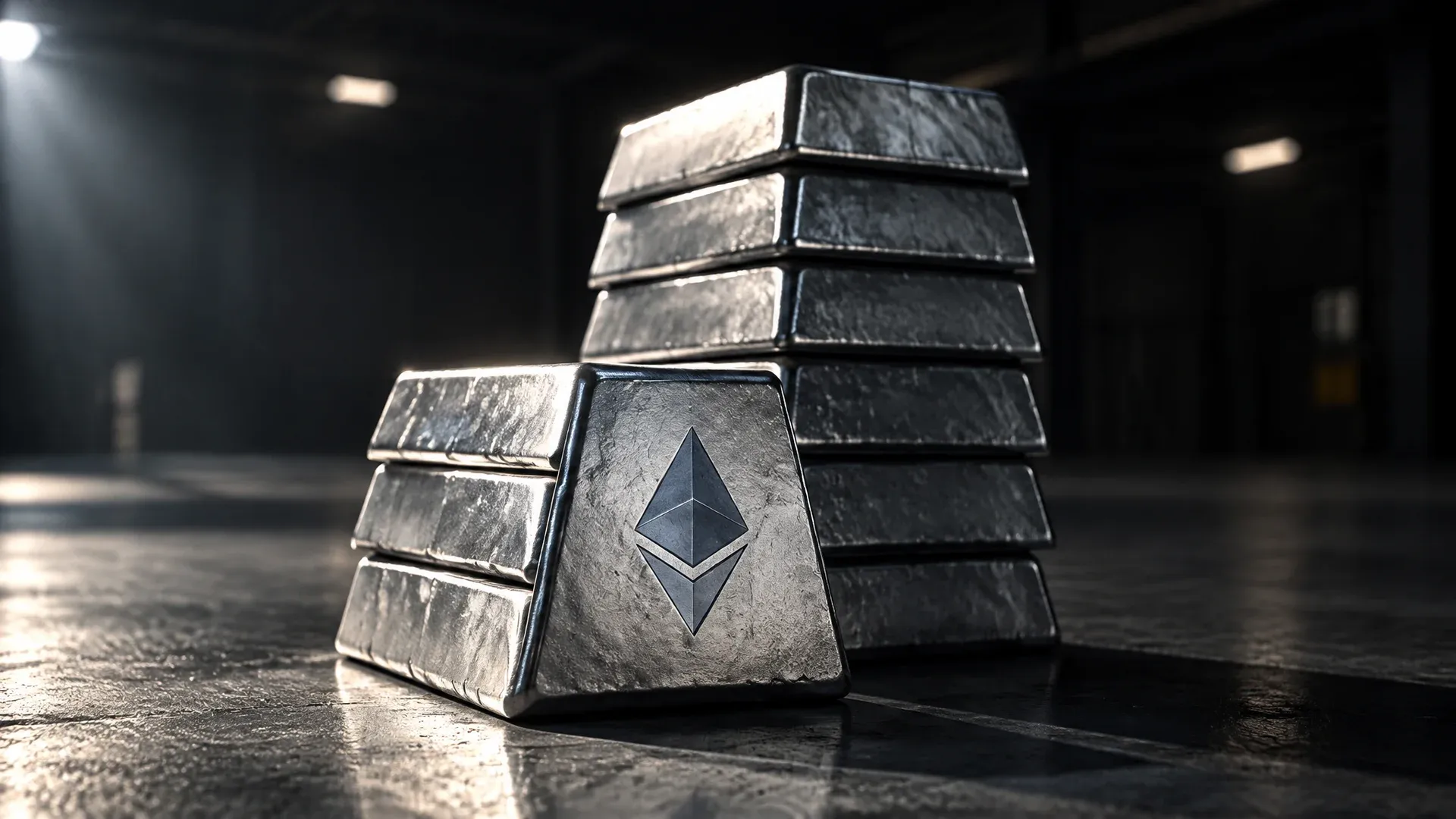Two stacks of cast metal bars of unequal height in an empty warehouse, the Ethereum symbol on the front bar
