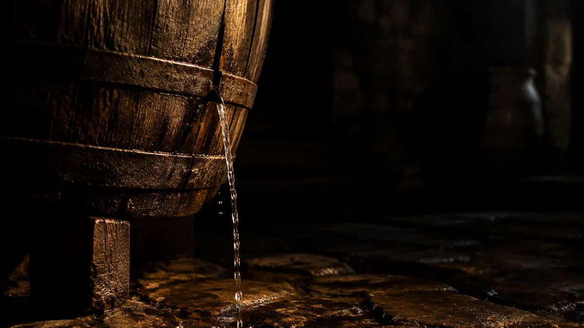 Altes Holzfass in einem dunklen Keller, aus einem Riss läuft ein dünner Wasserstrahl