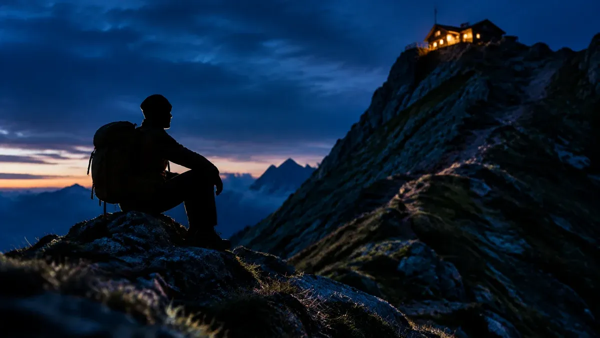 Wanderer als Silhouette rastet auf halber Höhe eines steilen Hangs in der blauen Stunde