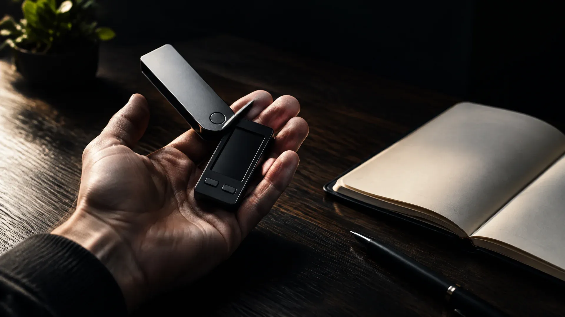 Geöffnete Hardware-Wallet in einer aufgehaltenen Handfläche über einem dunklen Holzschreibtisch, daneben ein leeres Notizbuch.