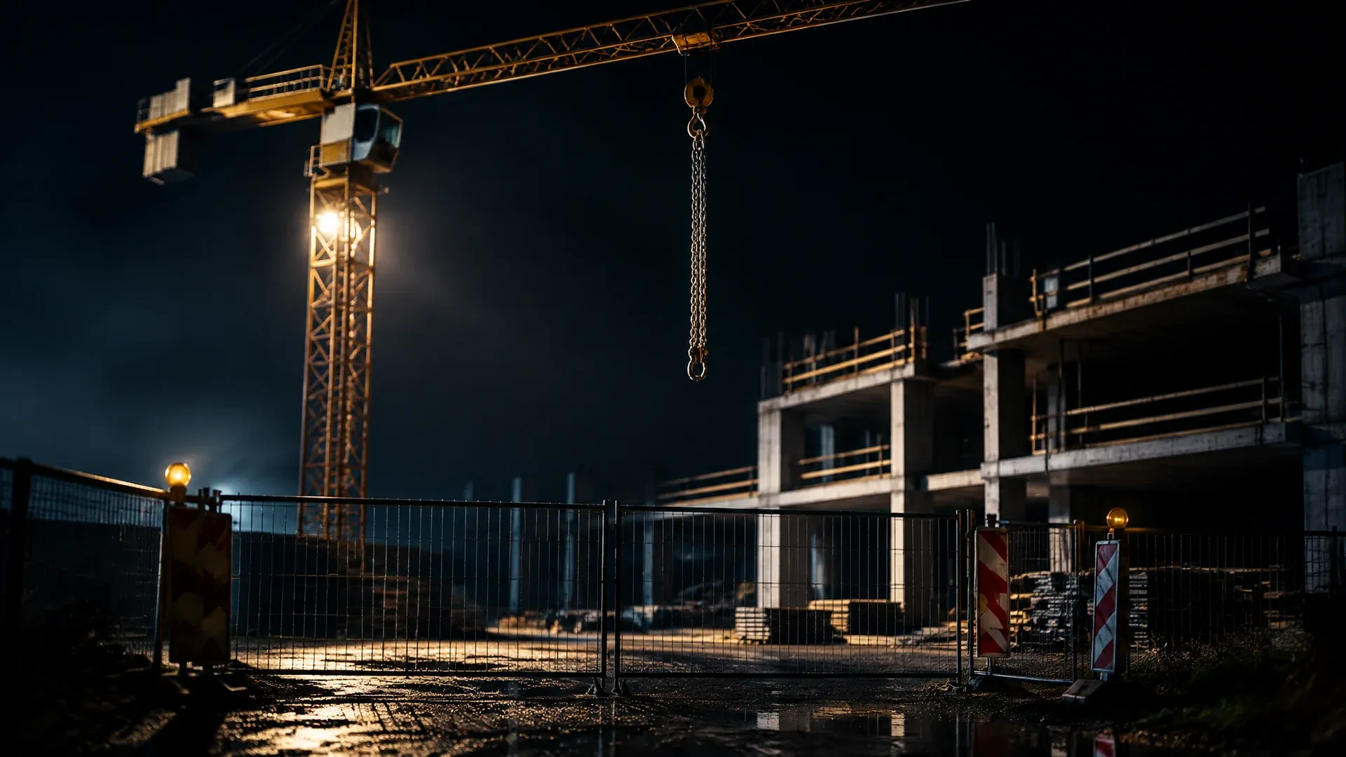 Stillstehender Baukran über einem unfertigen Betonrohbau bei Nacht, die Lastkette hängt frei herab, davor ein Bauzaun
