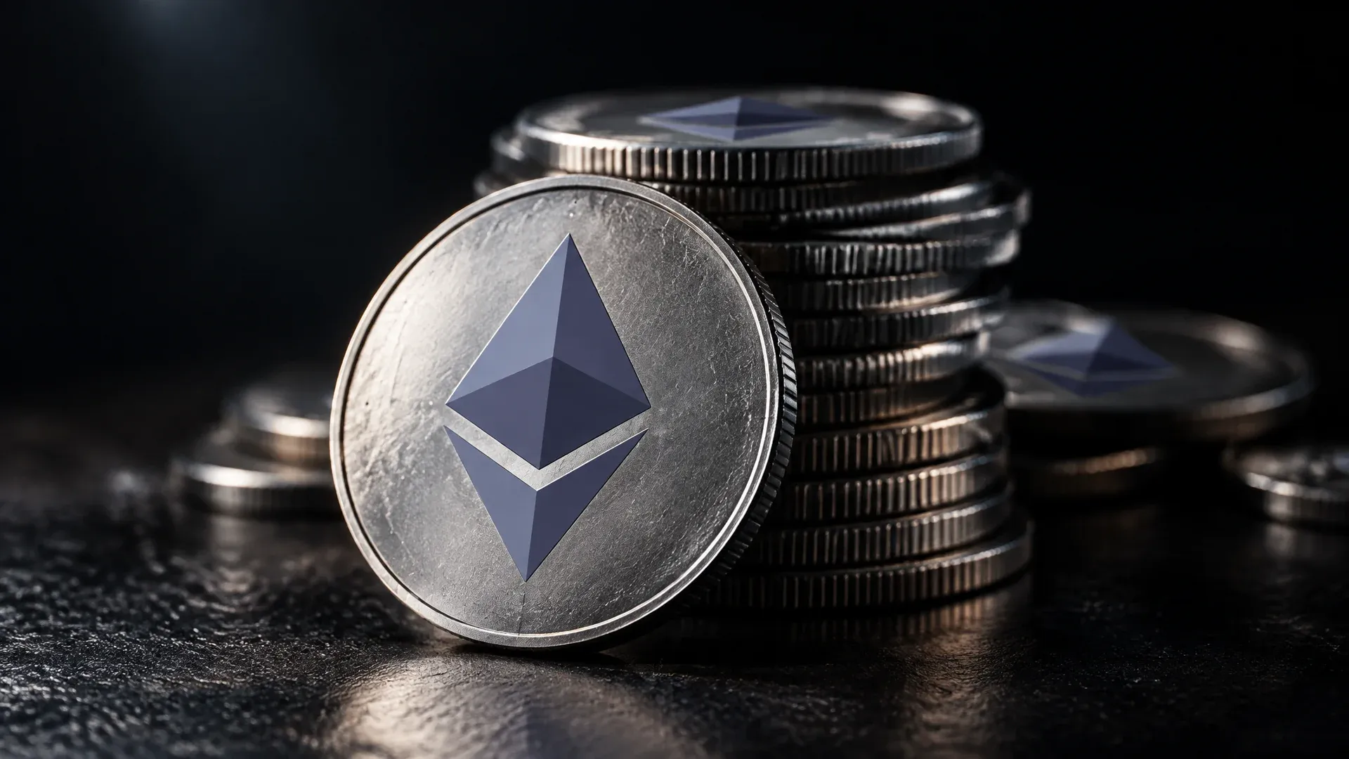 Eine Münze mit dem Ethereum-Zeichen auf dunkler Tischplatte, dahinter ein lose gestapelter Haufen gleicher Münzen