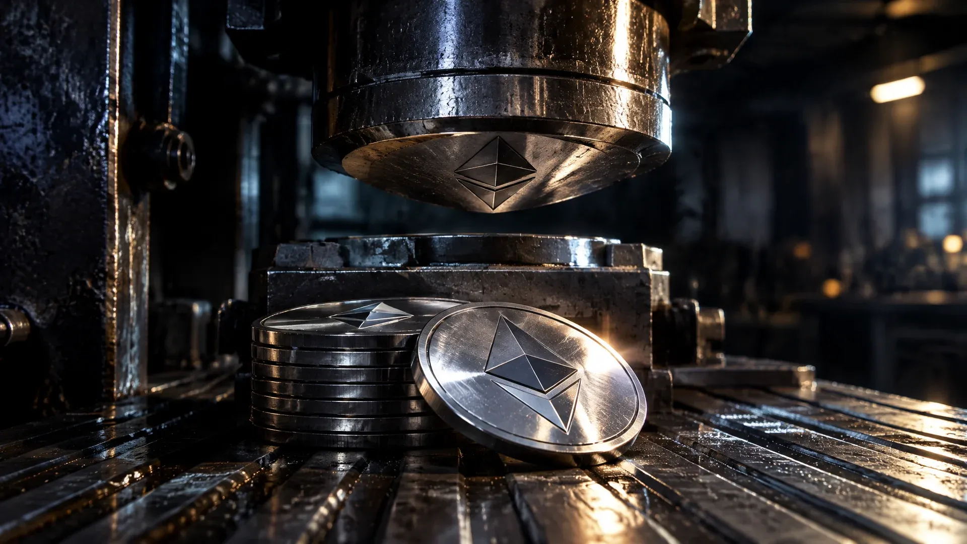 Heavy industrial steel stamping press in a dark workshop, a stack of freshly struck metal blanks bearing the Ethereum symbol under the die, one blank lying shiny on the ribbed steel table