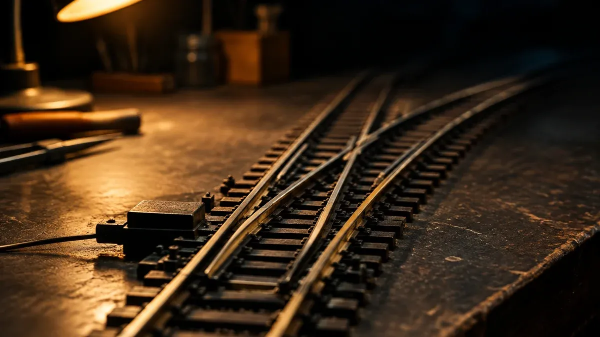Weiche einer Modelleisenbahn auf dunkler Werkbank, zwei Gleise trennen sich