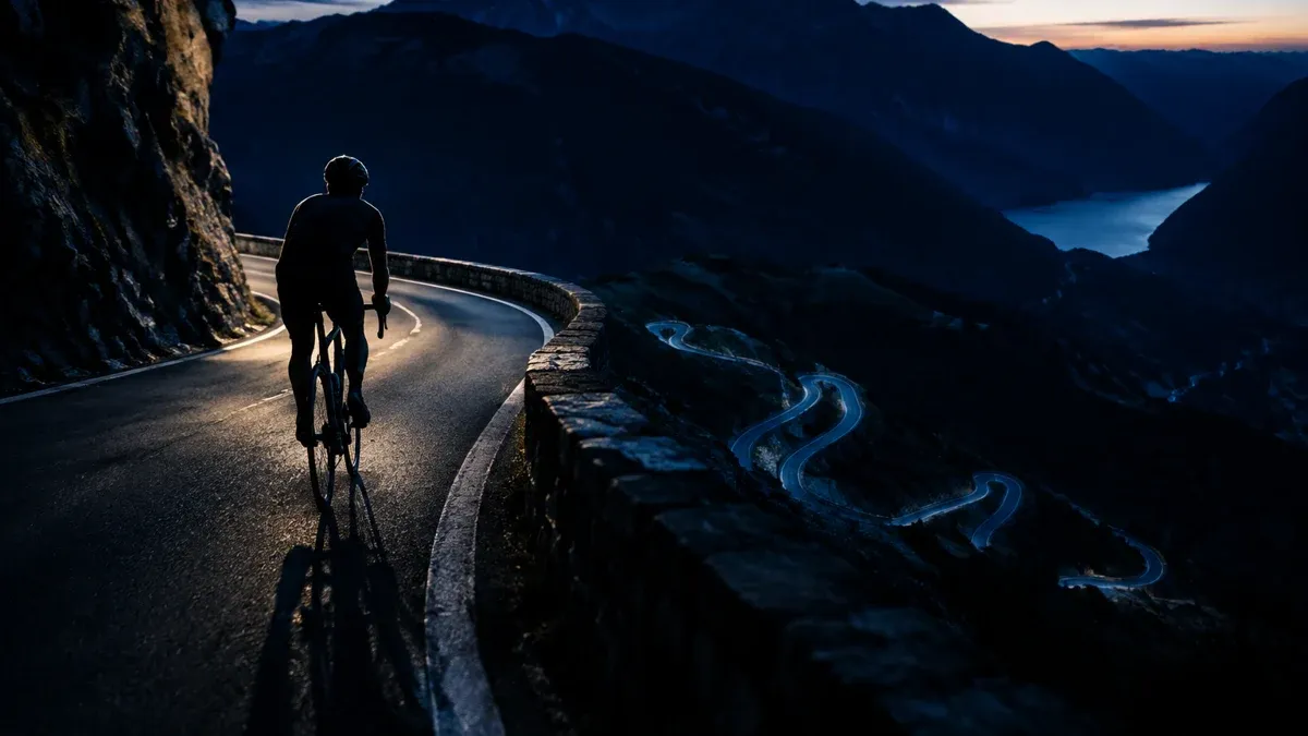 Radfahrer als Silhouette auf einer Passstraße mit Serpentinen in der blauen Stunde