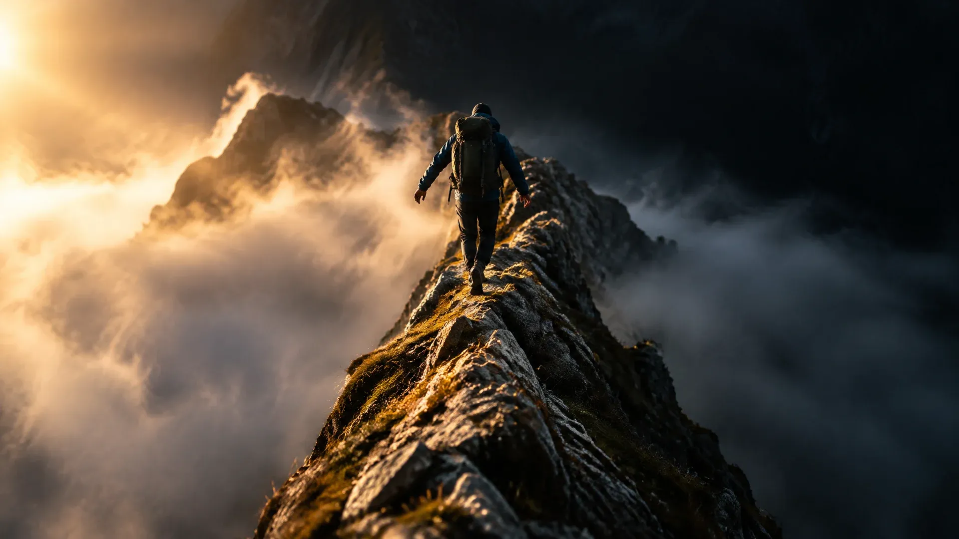 Schmaler Felsgrat im Morgenlicht, die Flanken fallen beidseitig steil in Nebel ab, ein Bergsteiger balanciert in der Mitte