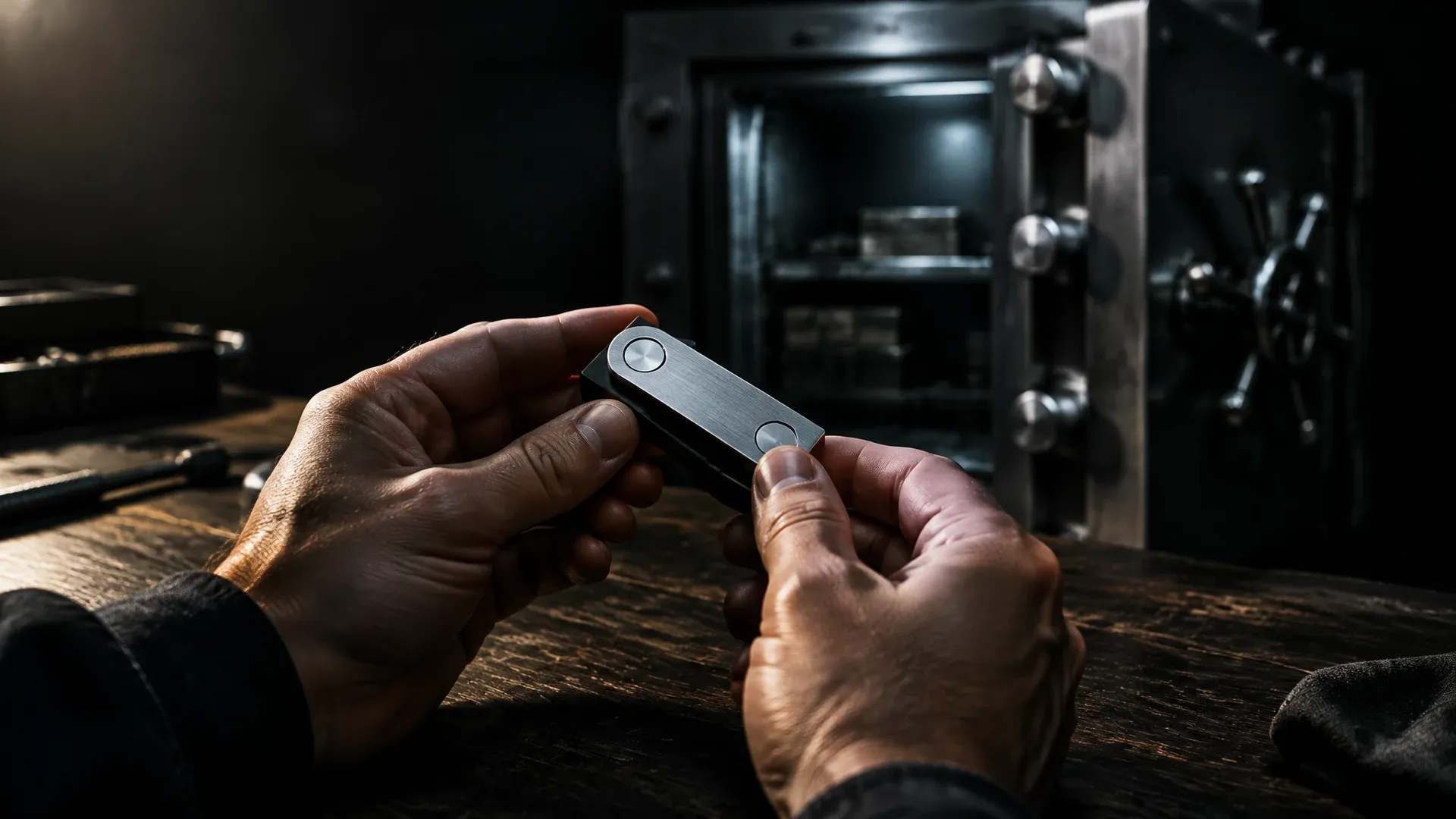 Zwei Haende halten eine Hardware-Wallet aus gebuerstetem Metall ueber eine Holzwerkbank, dahinter unscharf ein offener Stahltresor