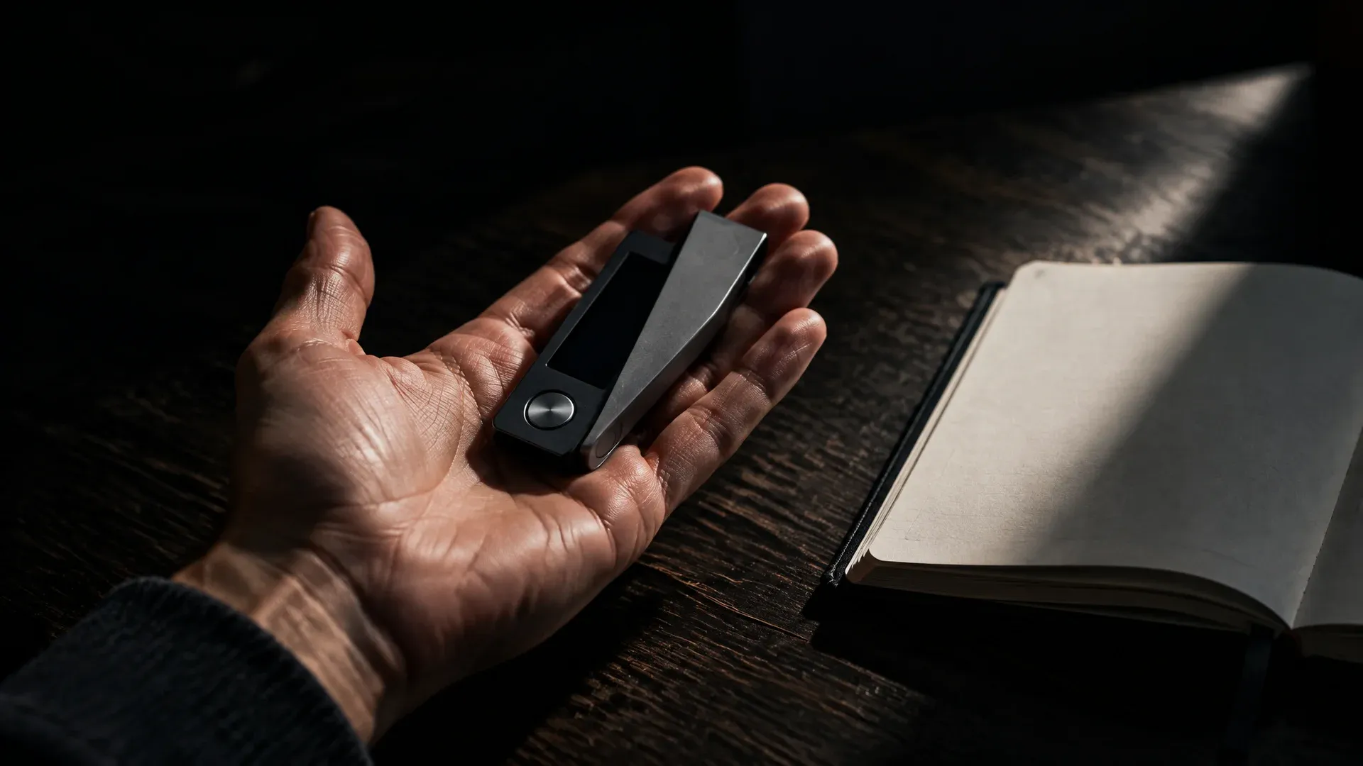 Markenlose Hardware-Wallet in einer geöffneten Handfläche über einem dunklen Holztisch, daneben ein leeres Notizbuch