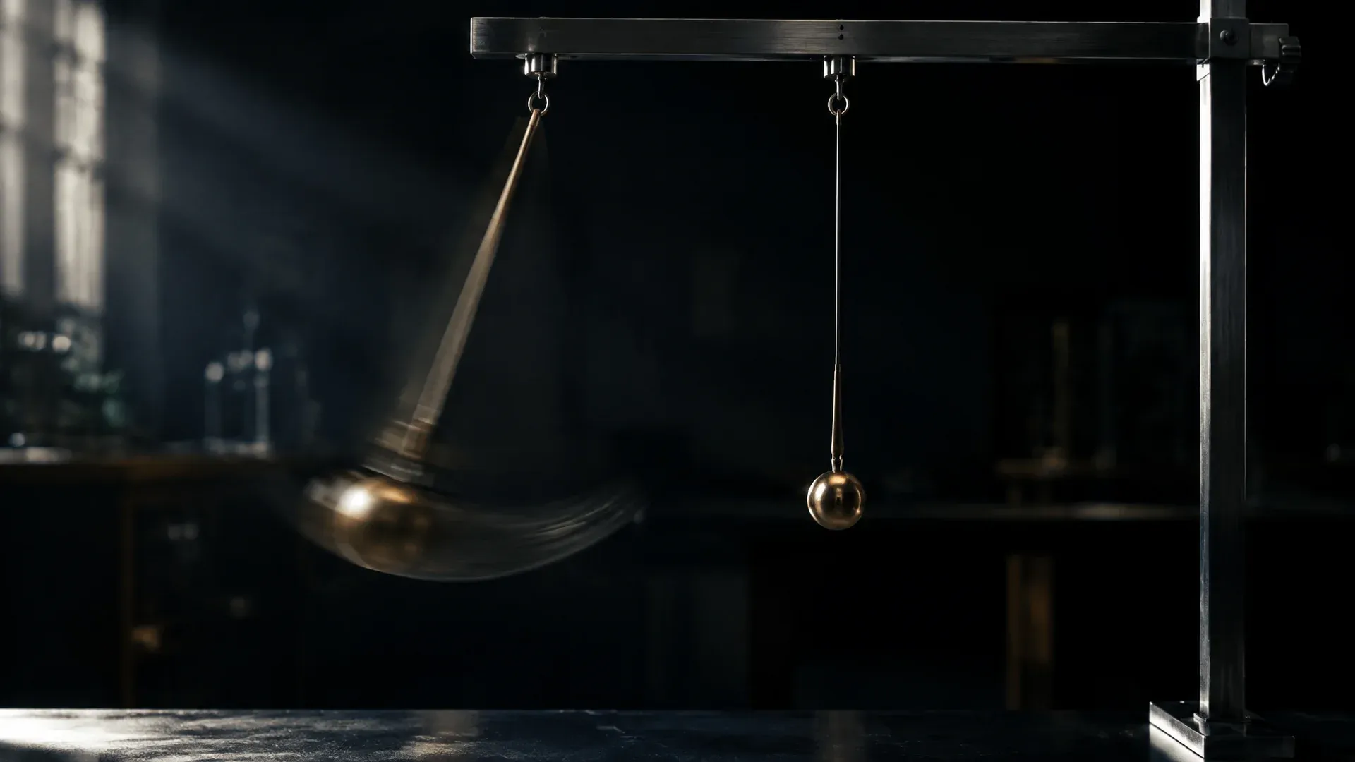 Two pendulums of different lengths on a steel rail in a darkened hall, the left one swinging wide as motion blur, the right one hanging almost still