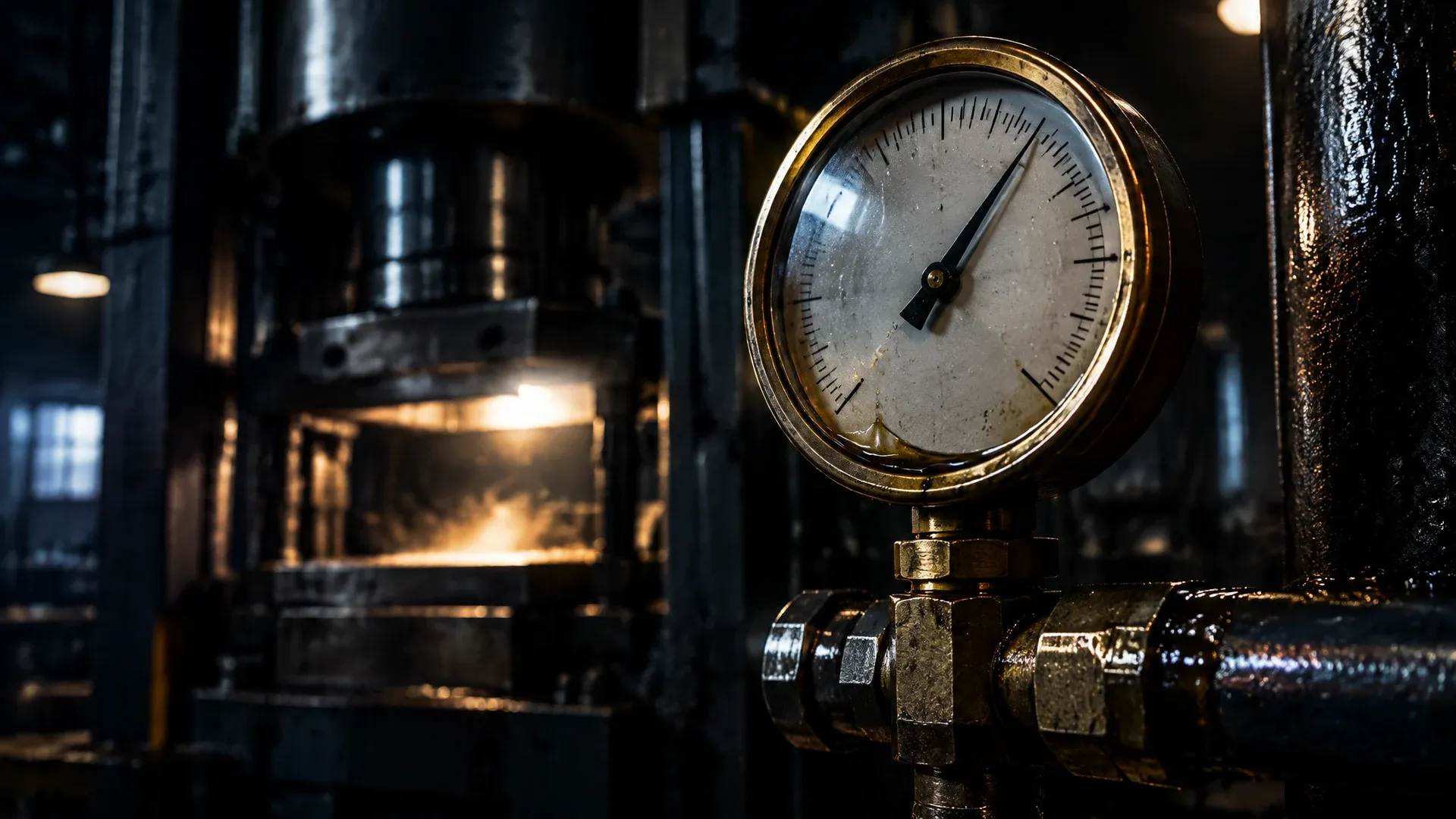 Large round pressure gauge with a brass ring on the hydraulic line of a press in a dark workshop, the needle in the upper third