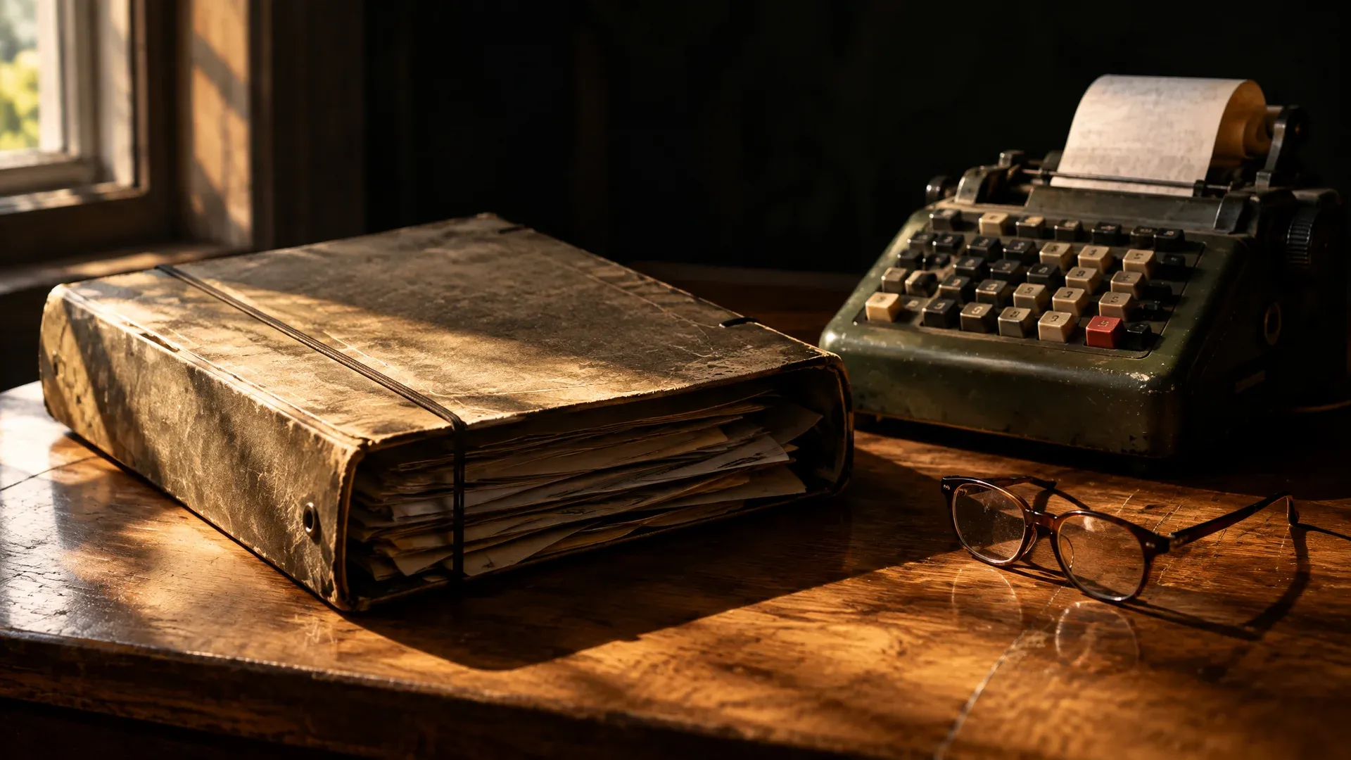 Worn cardboard document folder with an elastic band next to an old desk calculator with a paper roll on an oak tabletop