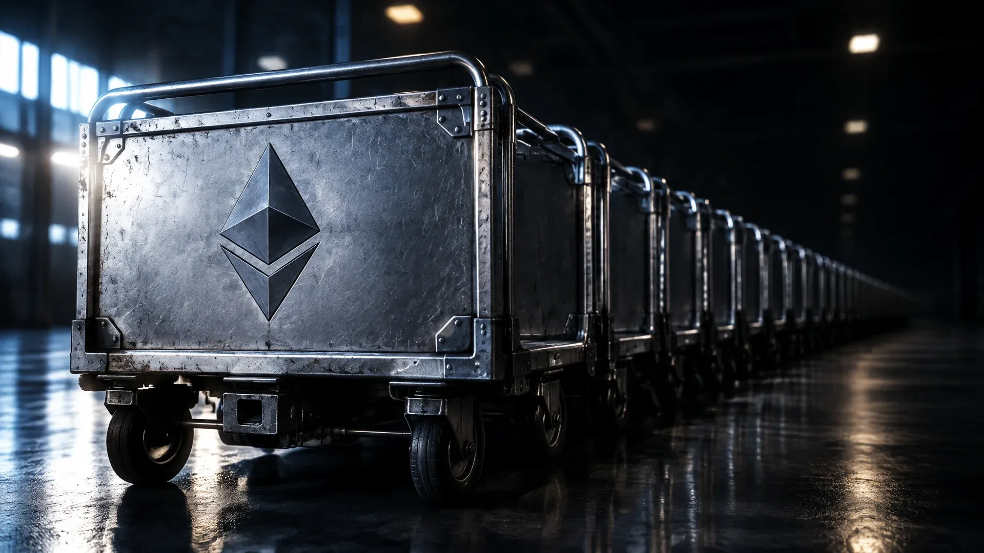 Lange Reihe dicht geschobener leerer Gepäckwagen aus Stahl in einer hohen nächtlichen Halle, nach hinten löst sich die Reihe auf, am vordersten Wagenblech das Ethereum-Zeichen als Metallintarsie