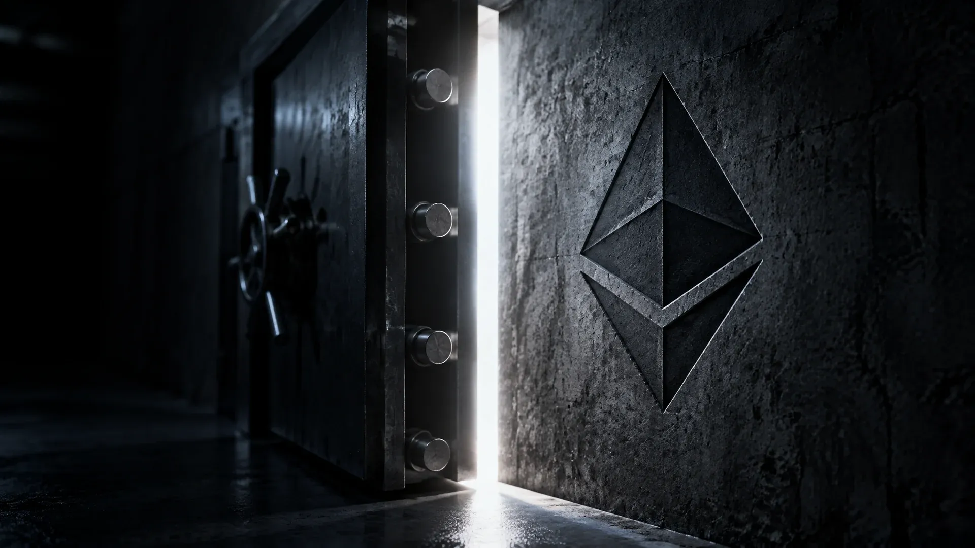 Schwere Stahltür in einer dicken Betonwand steht nur einen Fingerbreit offen, scharfes Licht fällt durch den Spalt in einen dunklen Gang, daneben das Ethereum-Zeichen als Gravur