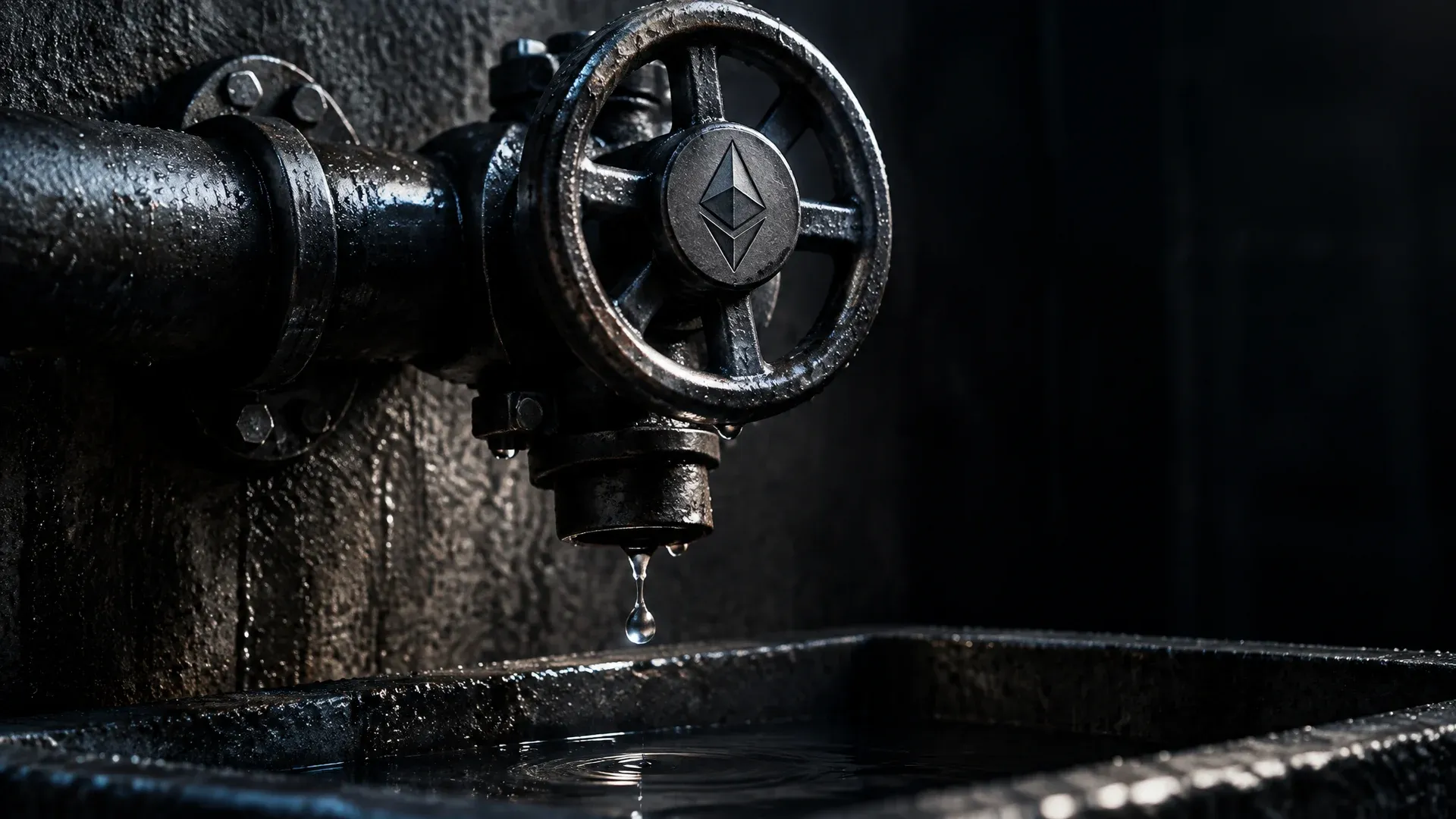 Steel pipe with a shut-off valve on a wet concrete wall, a single drop falling from the mouth into an almost empty basin, the Ethereum symbol on the valve wheel