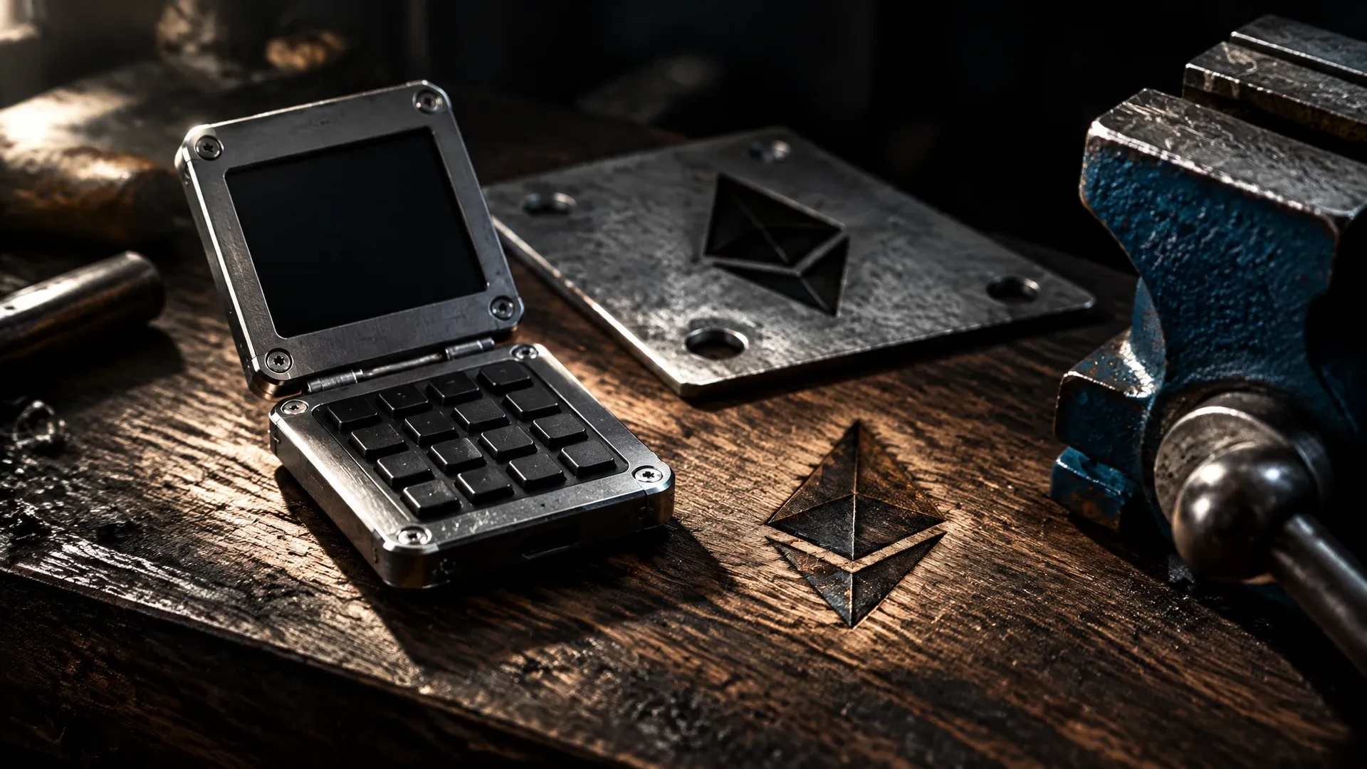 Opened metal device with a keypad on a dark wooden workbench next to a stamped steel plate and a vice, the Ethereum symbol branded into the bench