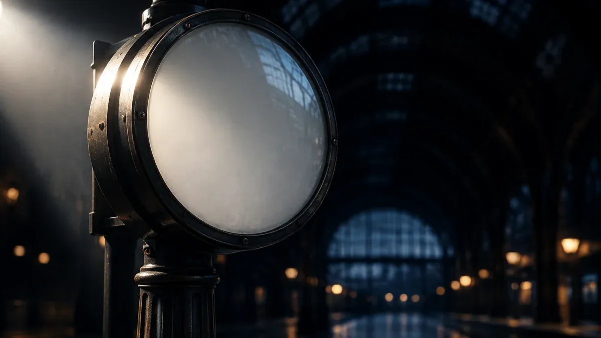 Station clock with a blank dial, without numerals or hands, in a deserted railway concourse at night