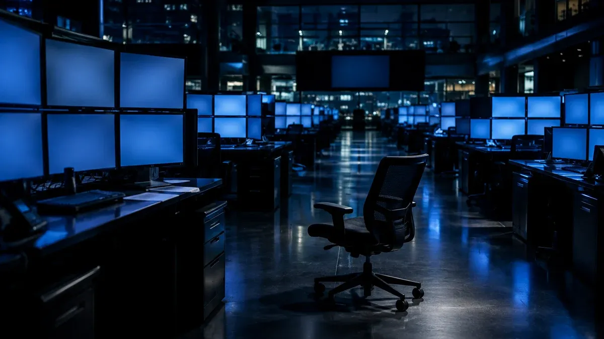 Trading floor at night with empty workstations and coldly glowing, contentless screens