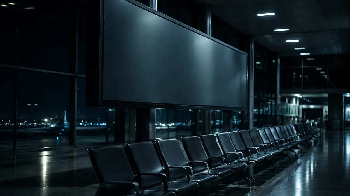 Empty frosted-glass departure board in a deserted airport hall with empty waiting seats