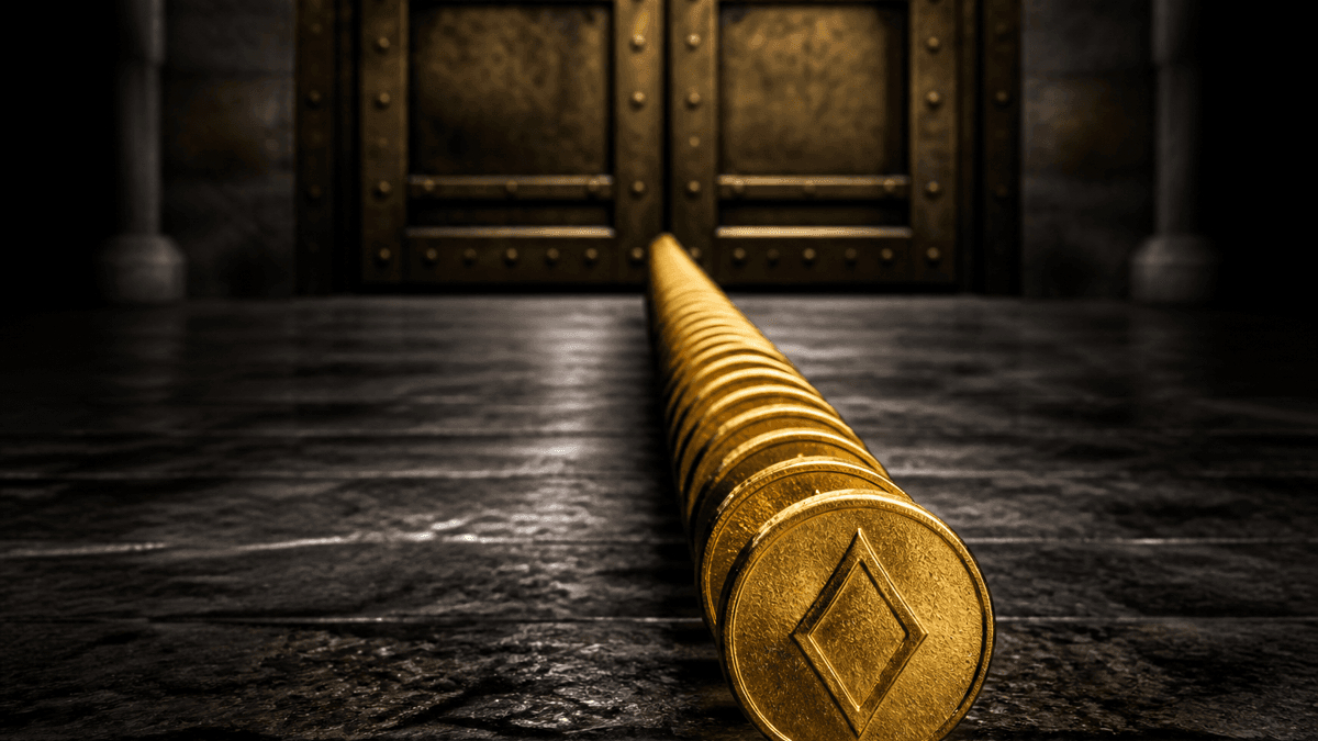 Long row of gold coins standing on edge leading across a stone slab towards a closed brass gate