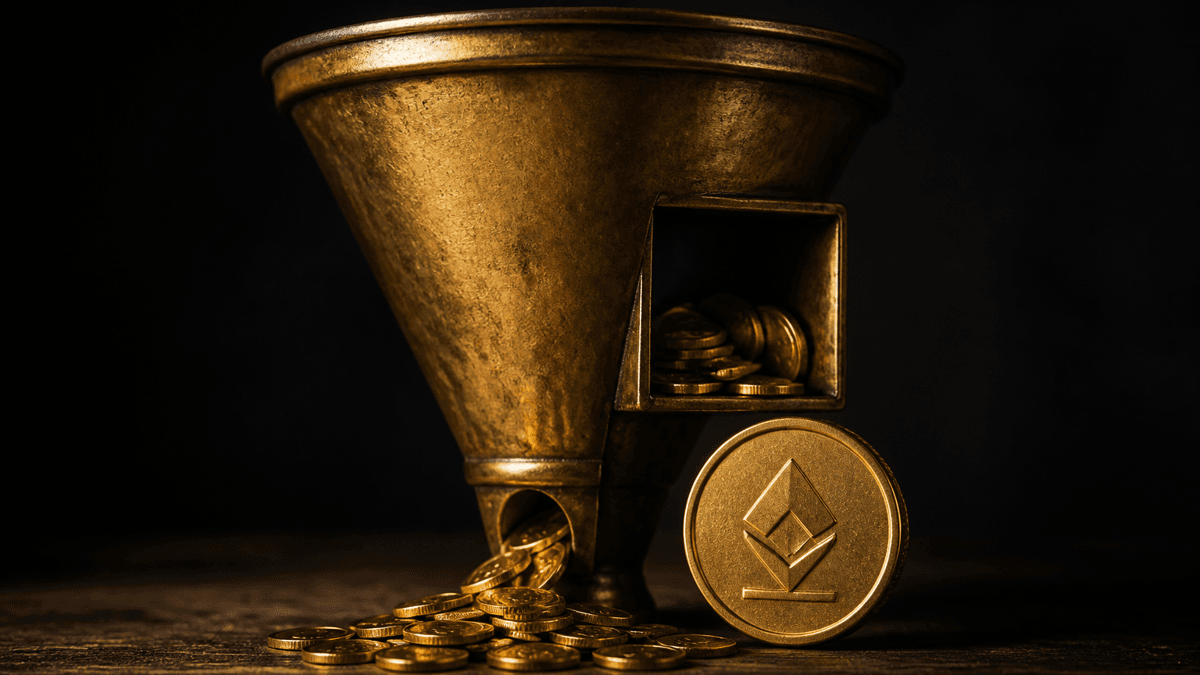 Brass funnel on dark wood with gold coins trickling through it while part of them stays behind in a side chamber
