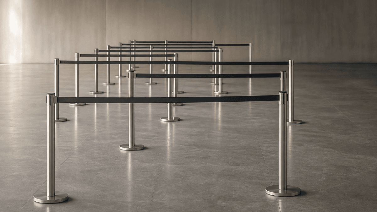 Ein Leitsystem aus Metallpfosten mit gespannten Gurtbaendern zeichnet einen langen Serpentinenweg ueber einen leeren Steinboden, der abgesteckte Weg selbst ist vollstaendig leer.