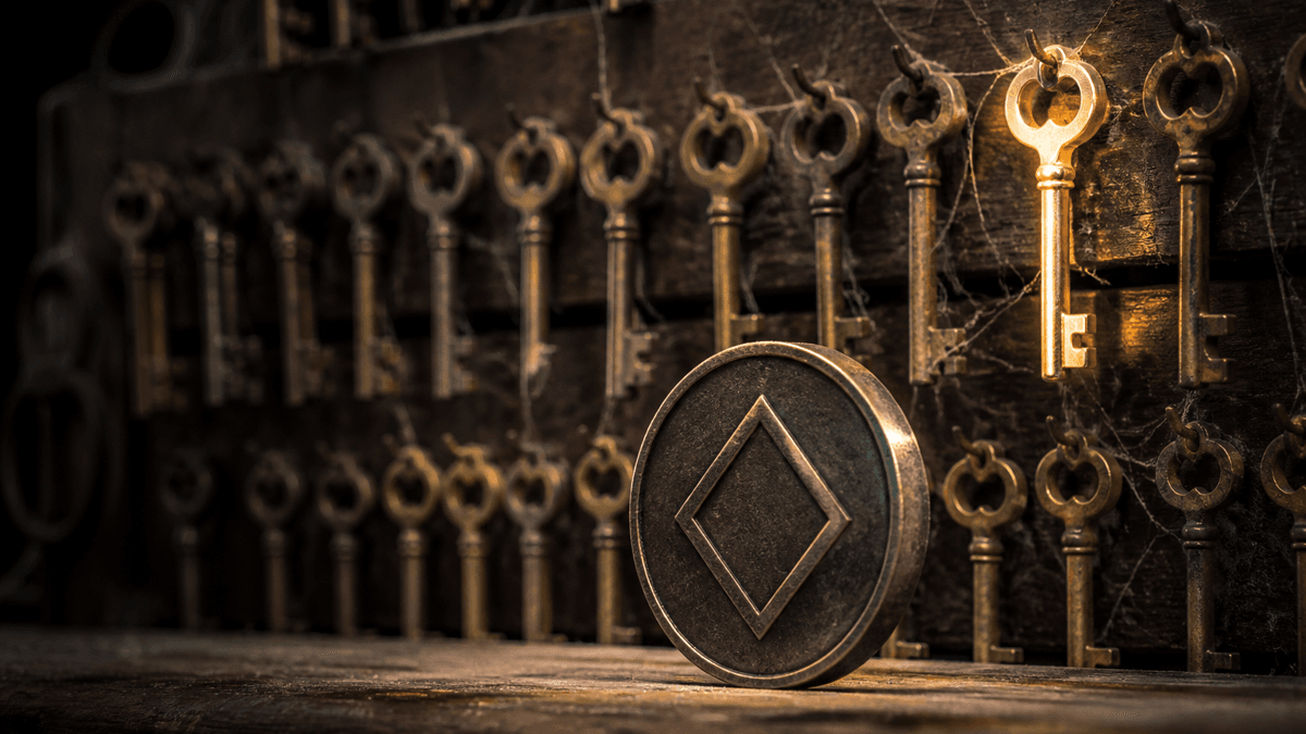 Ein Schlüsselbrett mit dutzenden staubigen Messingschlüsseln, einer davon frisch poliert, davor eine Metallmünze mit rautenförmigem Symbol