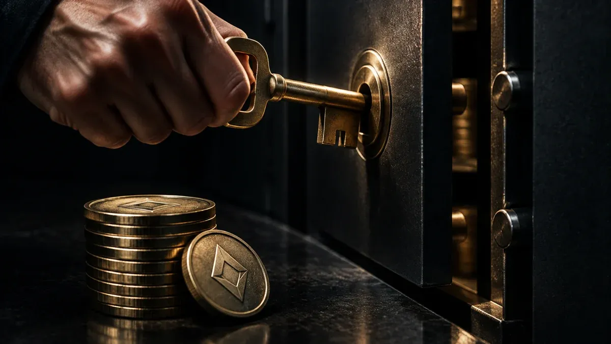 Ein Messingschlüssel wird aus dem Schloss eines Bankschließfachs gezogen, davor ein Stapel Münzen mit rautenförmigem Symbol