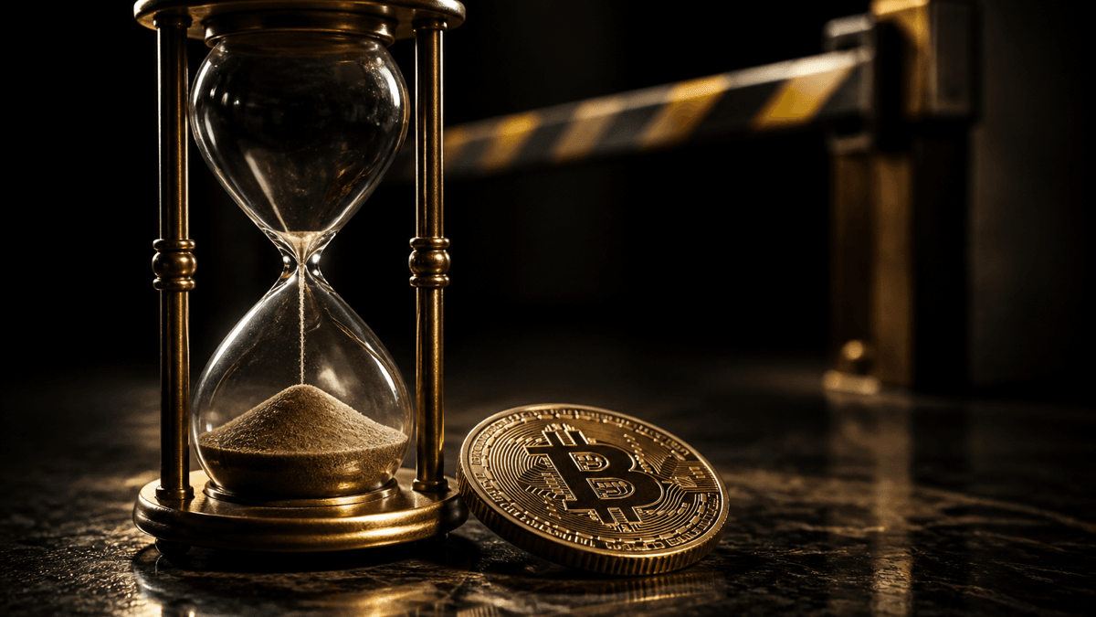 Messing-Sanduhr mit fast leergelaufener oberer Kammer neben einer Bitcoin-Muenze, im Hintergrund eine sich absenkende Schranke