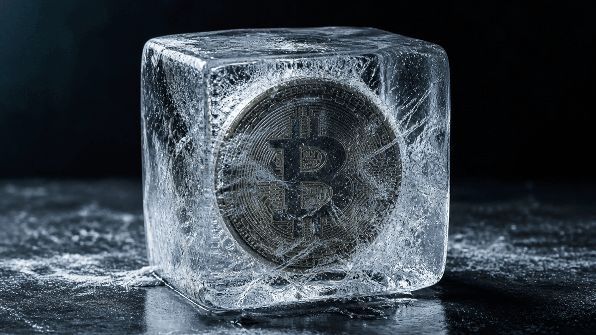 Bitcoin-Muenze vollstaendig eingeschlossen in einem klaren Eisblock mit Frostrissen auf dunkler Metallflaeche