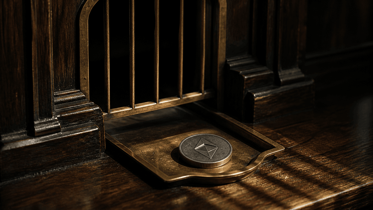 Messingschale in der vergitterten Durchreiche eines alten Bankschalters aus dunklem Holz, darauf eine Münze mit eingeprägtem Ethereum-Zeichen