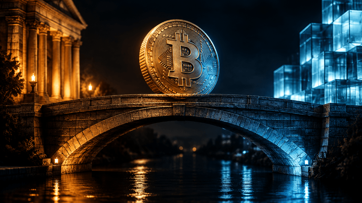 Steinerne Bogenbrücke bei Nacht zwischen einem warm beleuchteten Säulenportal und einer kühl blau leuchtenden Glasblock-Struktur, auf der Brücke eine große Münze mit Bitcoin-Zeichen