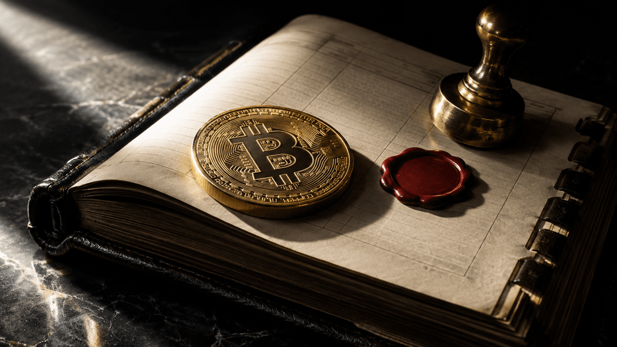 Aufgeschlagenes ledergebundenes Registerbuch auf dunklem Marmor mit rotem Wachssiegel, Messingstempel und einer darauf liegenden Münze mit Bitcoin-Zeichen