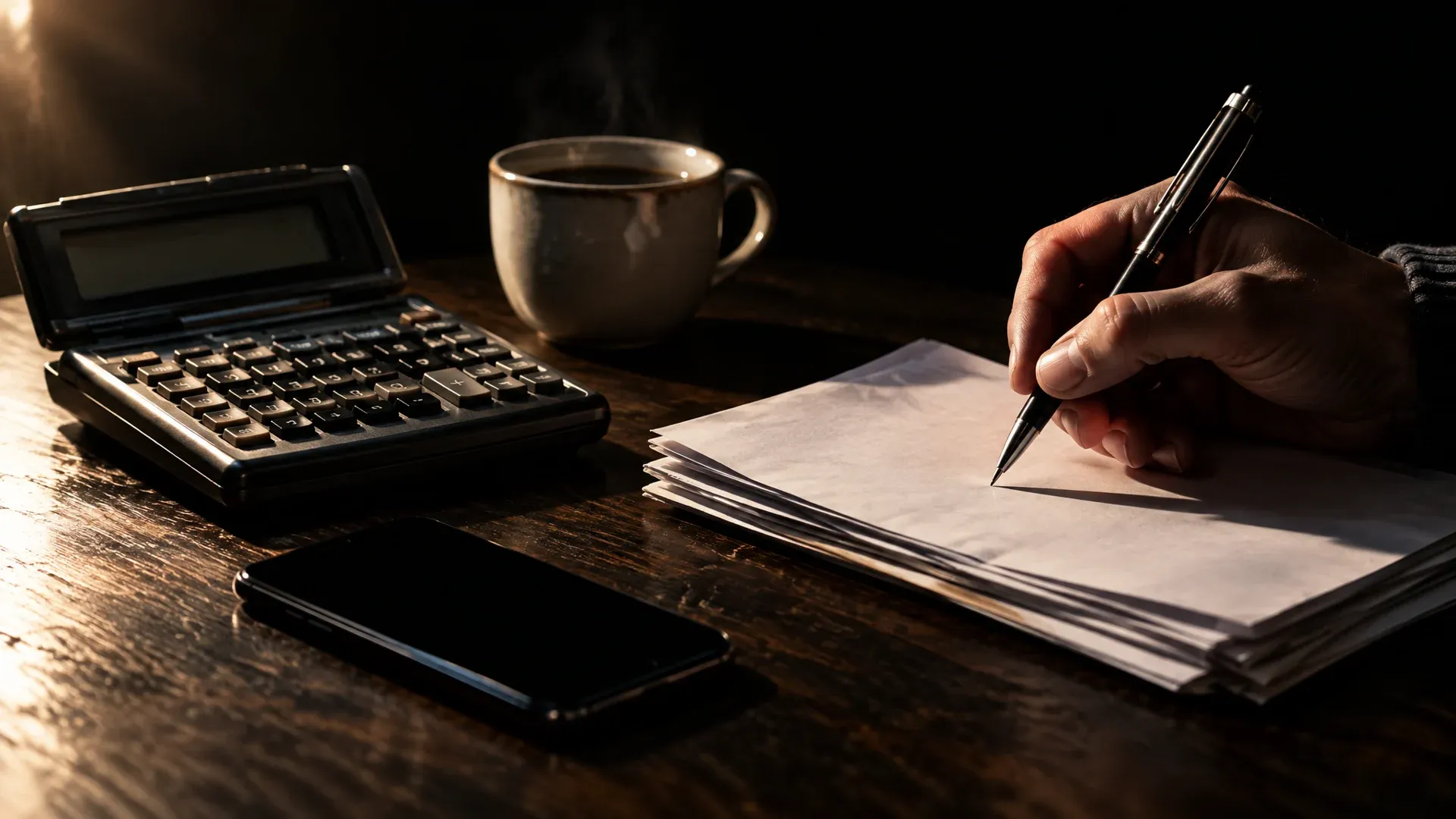 Desk calculator, stack of paper, dark smartphone and a coffee cup on a wooden table, a hand holding a ballpoint pen over the paper