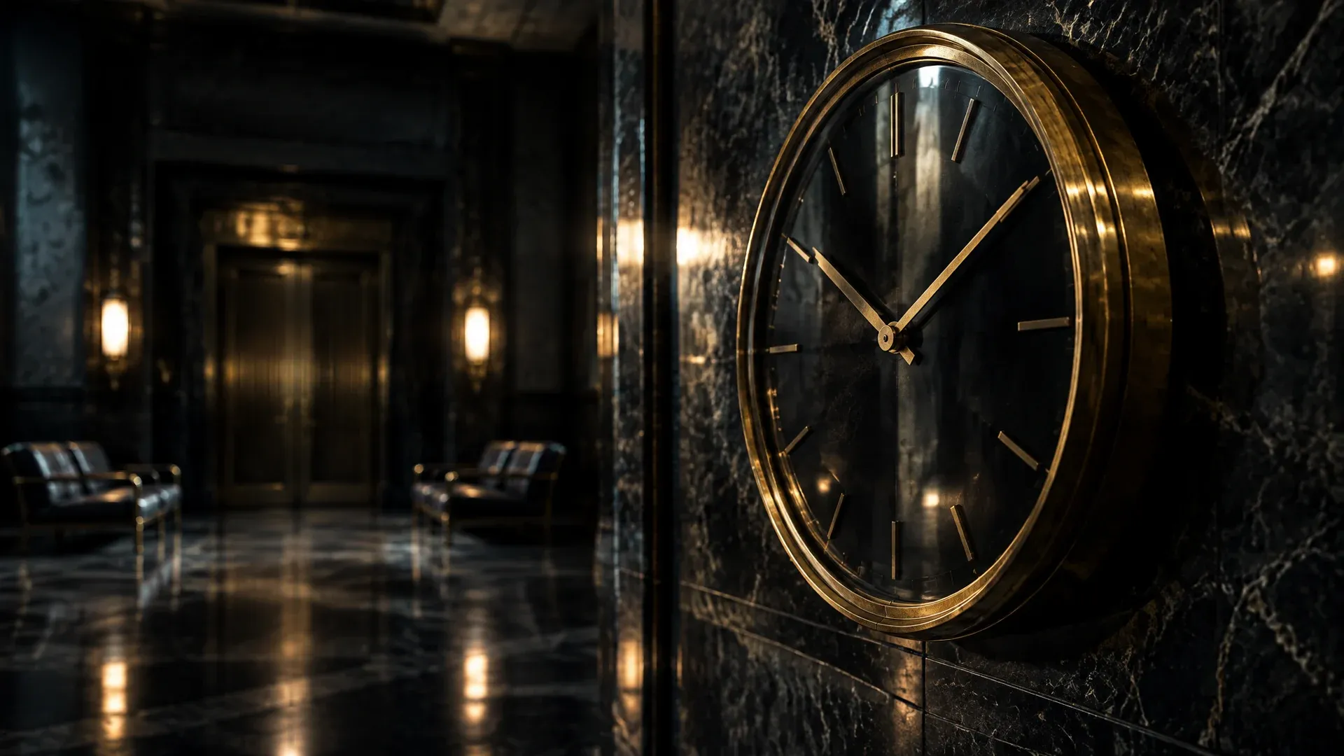 Large brass wall clock without numerals on a dark marble wall in a night-time banking hall, empty rows of seats in the background