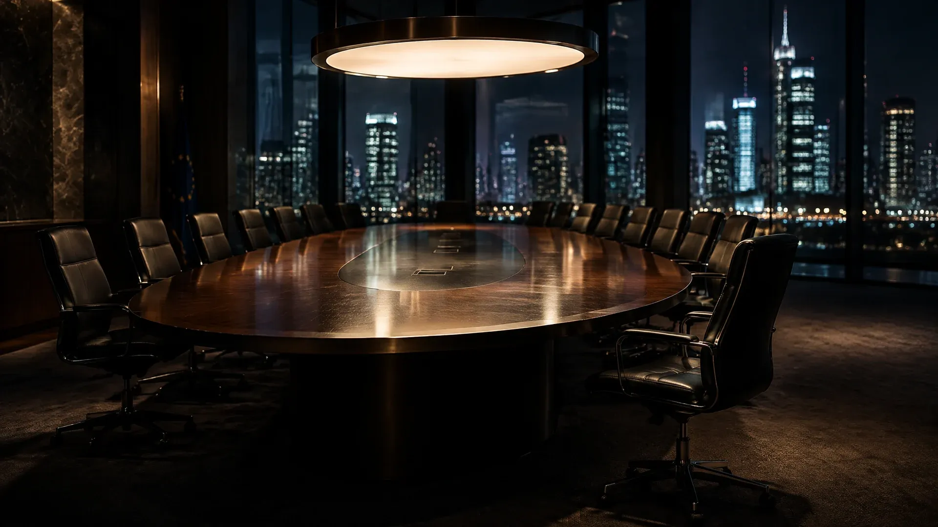 Leerer Sitzungssaal einer Notenbank bei Nacht mit ovalem Ratstisch unter einer Lichtkuppel, ein Stuhl abgerückt