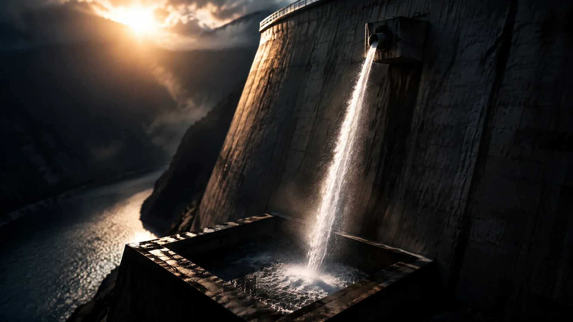 Schütz einer hohen Betonstaumauer, aus dem ein schmaler Wasserstrahl in ein enges Auffangbecken schießt