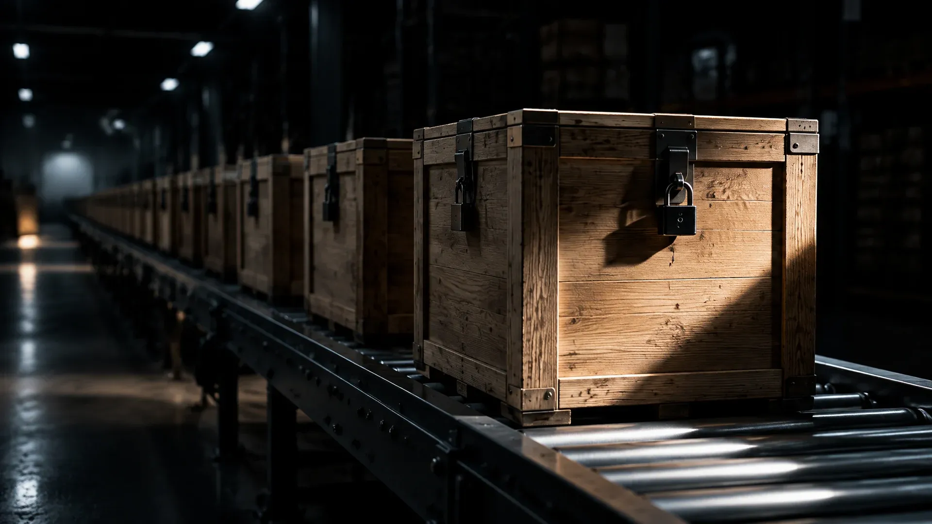 Lange Reihe gleicher verschlossener Holzkisten mit Vorhängeschlössern auf einem Rollenförderband in einer halbdunklen Lagerhalle