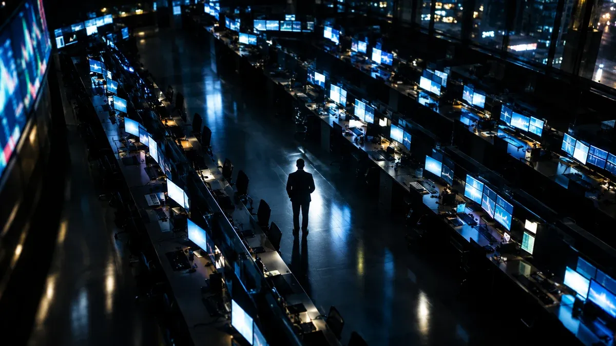 Night-time trading floor with long rows of glowing screens showing no legible content