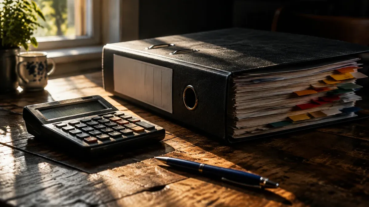 Tax folder with index tabs and a pocket calculator on a wooden table by a kitchen window