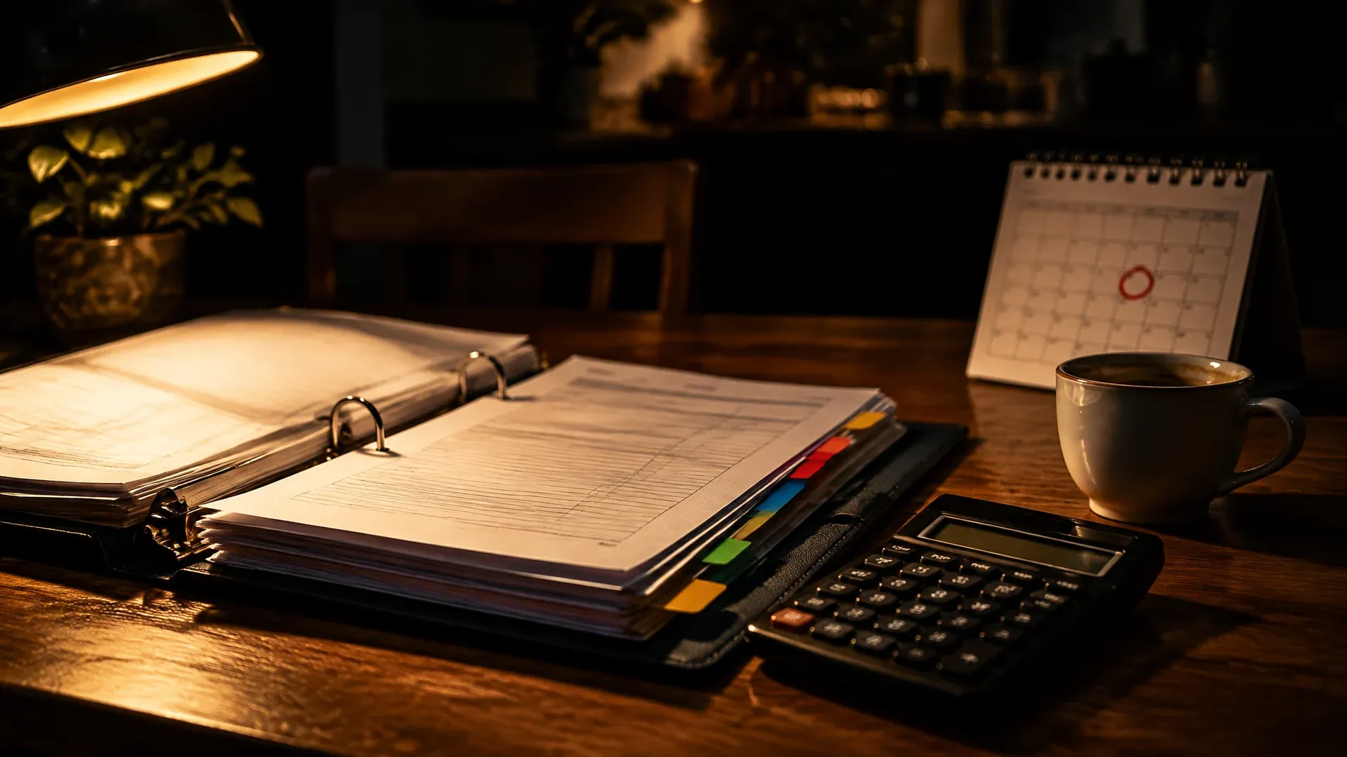 Aufgeschlagener Steuerordner mit Taschenrechner und markiertem Wandkalender auf einem Küchentisch