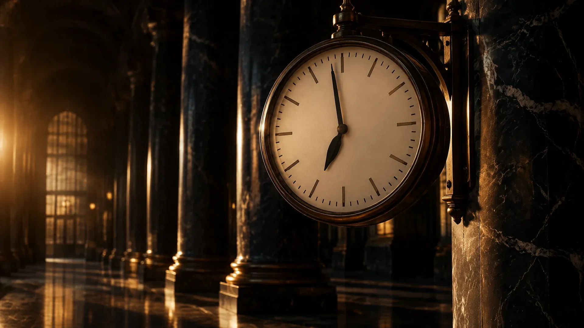 Grande horloge de gare sans chiffres dans un hall de marbre sombre, les aiguilles juste avant sept heures