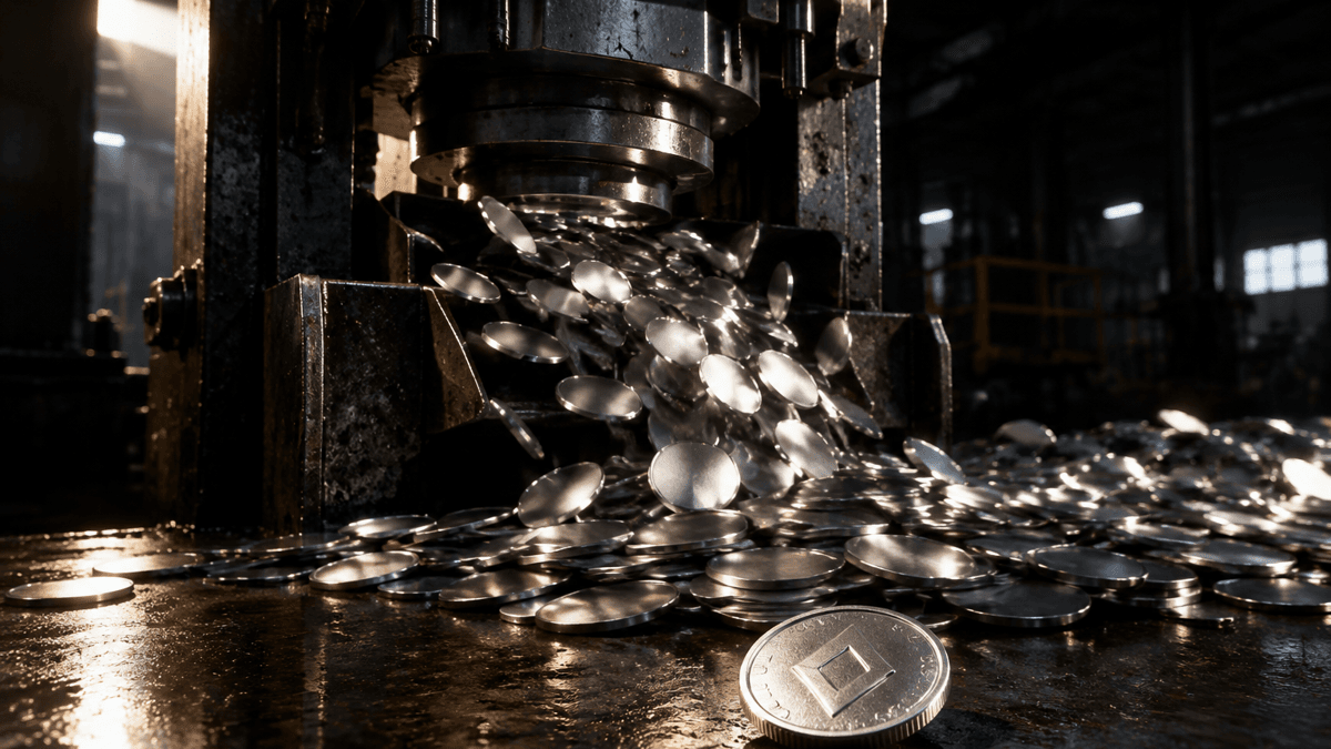Industrielle Prägepresse stanzt blanke Metallronden aus, die unkontrolliert über den Auffangbehälter quellen