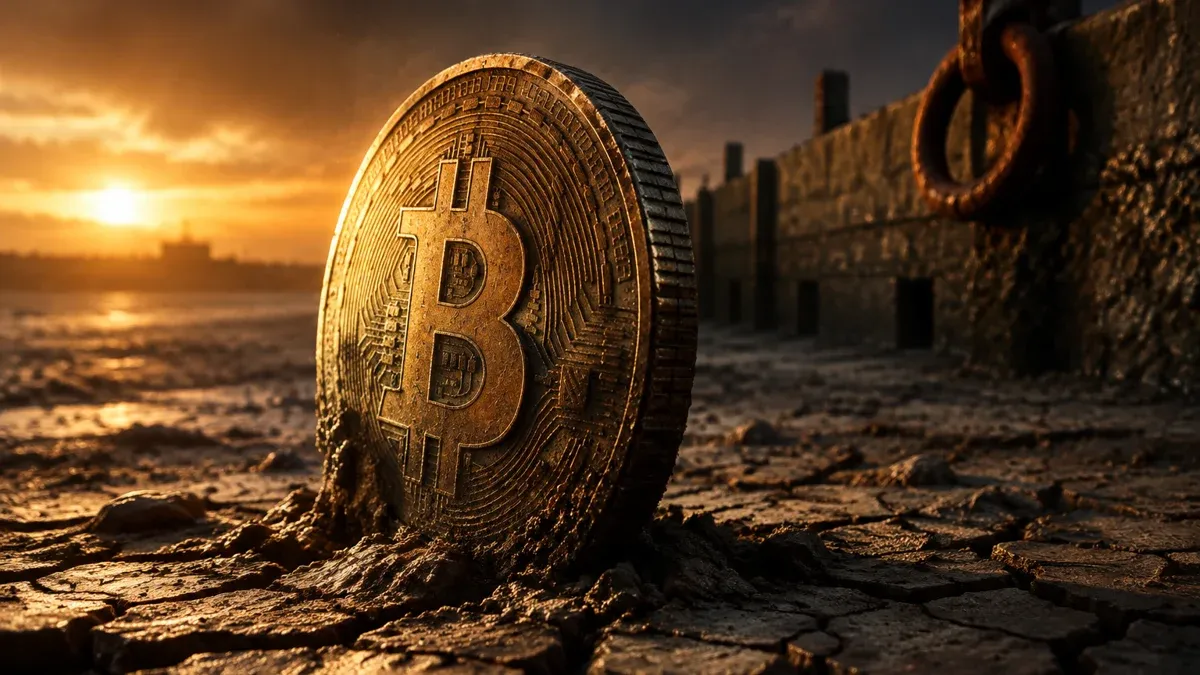A large coin bearing a Bitcoin symbol stranded in the cracked, dried-out mud of a drained harbour basin