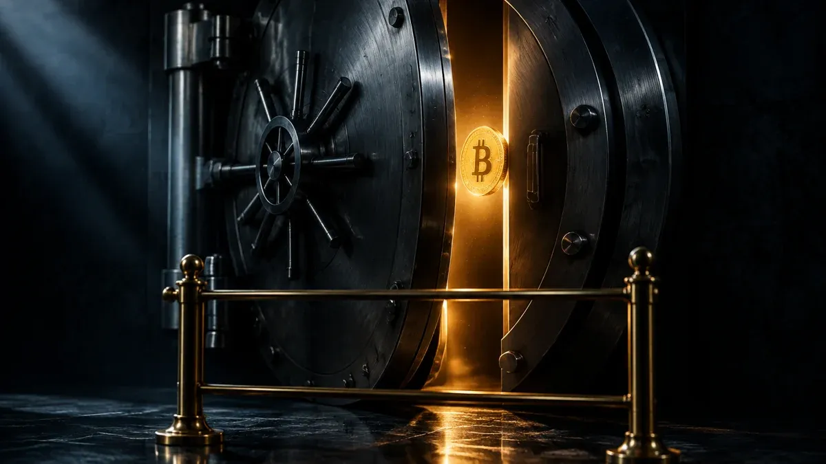 A round steel vault door standing slightly ajar, a glowing coin floating behind it and a brass barrier in front
