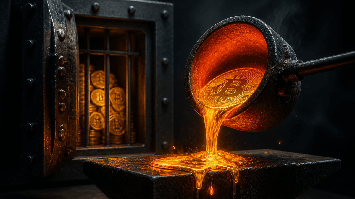 Ein geöffneter Stahltresor mit Münzstapeln hinter Gitterstäben, davor ein glühender Schmelztiegel, aus dem flüssiges Metall auf einen Amboss läuft