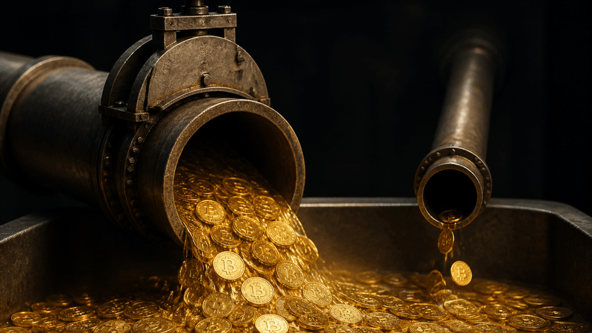 Zwei Metallrohre münden in ein Becken: aus dem breiten Rohr strömt ein Schwall goldener Münzen, das schmale Rohr gibt nur einzelne Münzen ab, am breiten Rohr sitzt ein halb geschlossener Absperrschieber