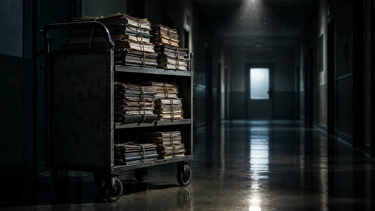An abandoned metal file trolley holding bundles of tied files in an empty government corridor at night
