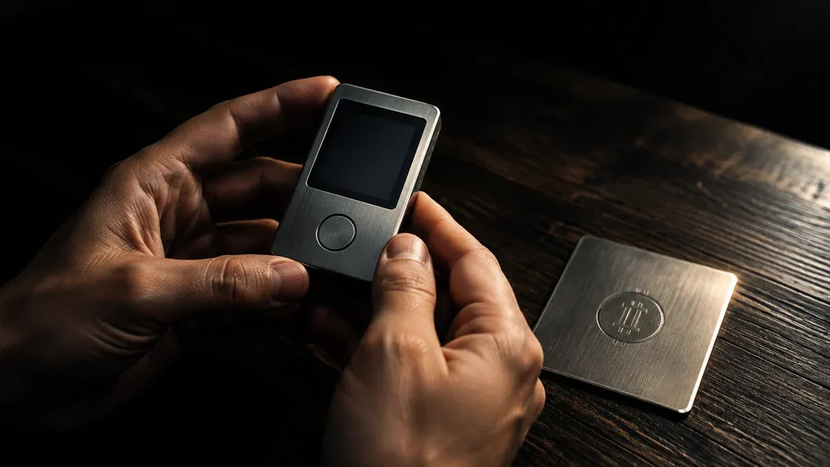 Two hands holding an unbranded brushed-metal hardware wallet above a dark wooden table, an engraved titanium plate beside it