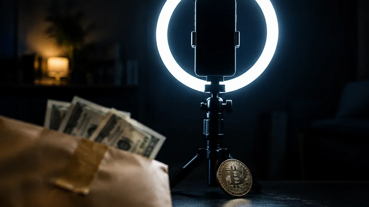 Ring light with a smartphone clamped in it and a black display, in front of it a paper bag with banknotes sticking out and a Bitcoin coin