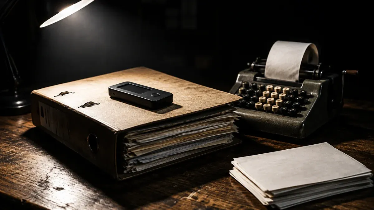 Open ring binder with a plain black hardware device on it, beside it a mechanical desk calculator and a stack of blank receipts